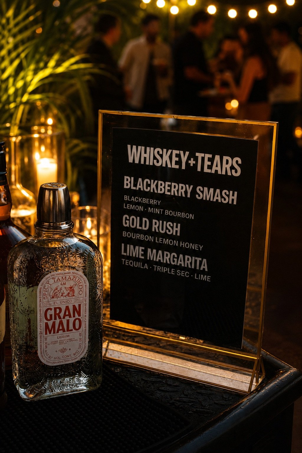 Whiskey + Tears menu board with signature cocktails
